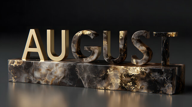 AUGUST gold letters on a dark marble and onyx block with warm light, luxury title