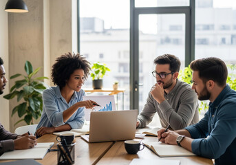 Diverse business team collaborating on project in modern office, analyzing data and charts on laptop during meeting for strategic planning