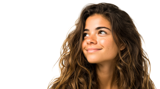 Young Latina Woman Looking Up Smiling With Freckles and Wavy Hair