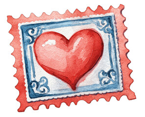 Watercolor heart-shaped postage stamp