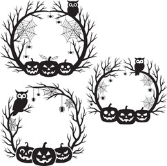 Halloween wreath vector designs spooky owl pumpkin spider web clip art templates set
