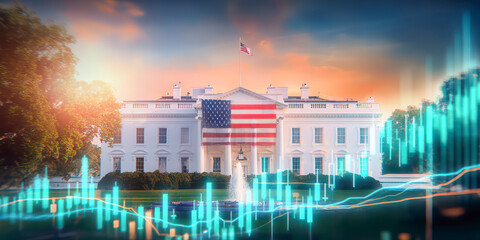 The White House illuminated at dusk, with a large American flag and foreground featuring dynamic, glowing financial graphs.