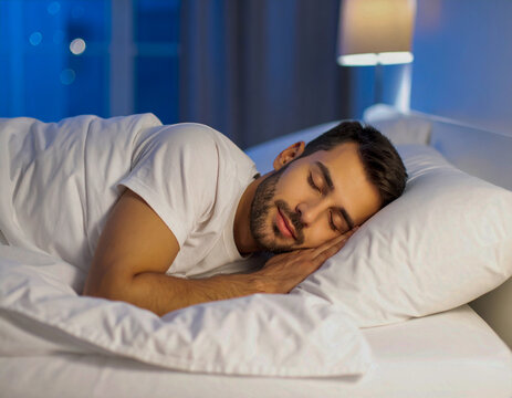 Un hombre joven dormido descansando durante la noche en la cama con sabanas y almohada blanca con la luz del dormitorio encendida concepto de sue&ntilde;o y la importancia del descanso y una vida saludable