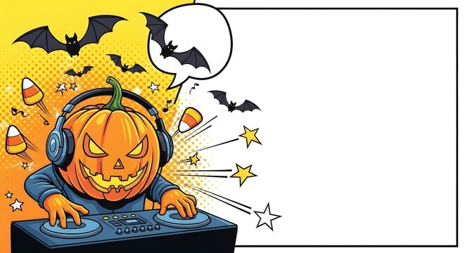 Pumpkin Head Dj Wearing Headphones Playing Music with Bats and Candy Halloween Party Scene