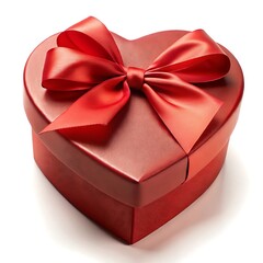 Obraz premium Red heart shaped gift box with a satin ribbon bow, isolated on white background