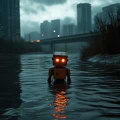 Robot Floating in Urban Waterway at Night Time