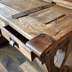 Aged Oak Desk with Empty Document Holder and Leather Accents