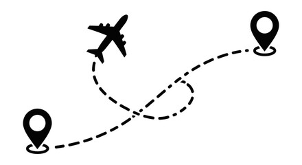 An airplane's flight path, a journey with a dotted line route, connecting two location pins for travel, and transport.
