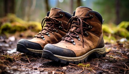 Close-up of muddy brown hiking boots resting on a dirt trail, capturing rugged textures and the spirit of outdoor adventure in natural, worn gear ready for trekking through rough terrain
