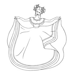 Line sketch, coloring of a young girl, Mexican dancers in a traditional holiday dress. Vector graphics.