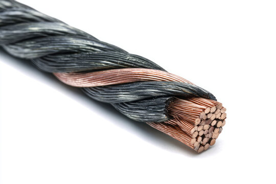 Electrical power cable on white background. Copper wire is the electric conductor of urban society