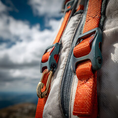 Paragliding harness with buckles and webbing texture over mountains