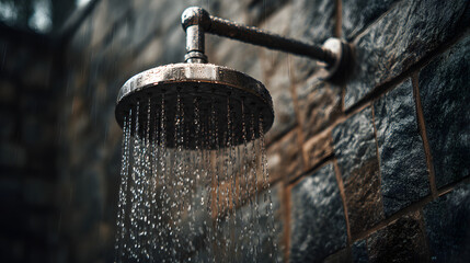 Rain shower head with water stream frozen mid-fall