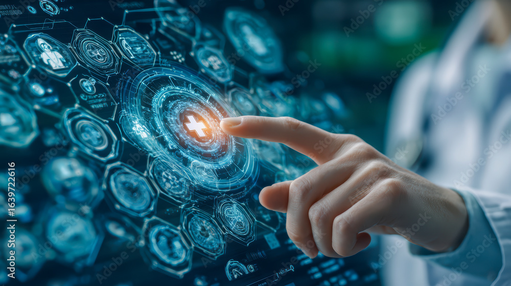 Poster a person interacts with a futuristic holographic interface displaying advanced medical technology co