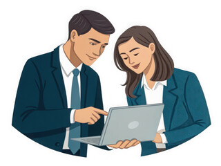 Two business people collaborating on a laptop isolated on transparent background