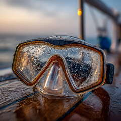 Snorkel mask on boat deck with tempered glass reflection
