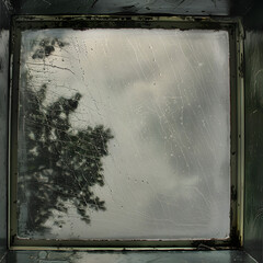 Skylight reflection in bathwater with rain streaks
