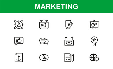 Marketing Line Icon Collection – Unique, creative, and premium vector icons representing campaigns, digital marketing, and growth concepts