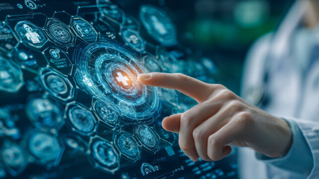 A person interacts with a futuristic holographic interface displaying advanced medical technology concepts and data visualizations.