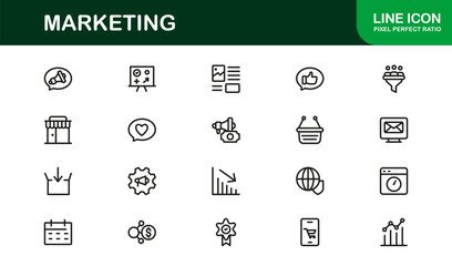 Marketing Line Icon Collection – Unique, creative, vector icons representing campaigns, digital marketing, and business growth concepts