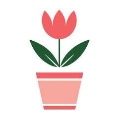 Simple flat illustration of a pink tulip in a pot with green leaves flower plant