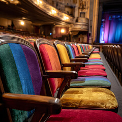 Vacant Theater Seats Upholstered in Pride Flag Colors