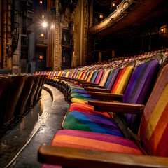Empty theater seats covered with Pride flag upholstery