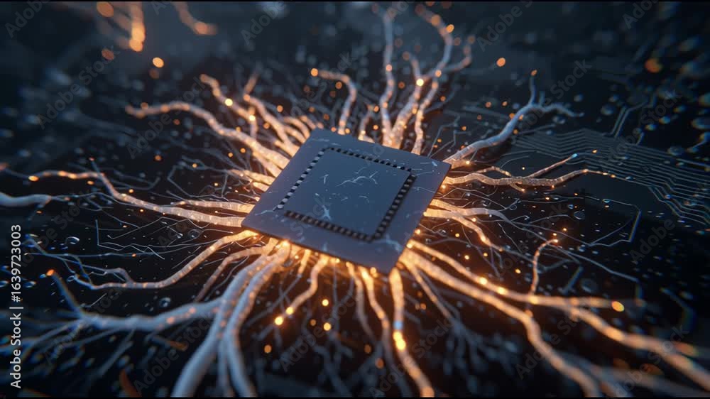 Poster exploring the intricate beauty of a glowing microchip surrounded by dynamic electrical connections a
