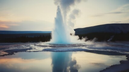 Geyser erupting at sunset