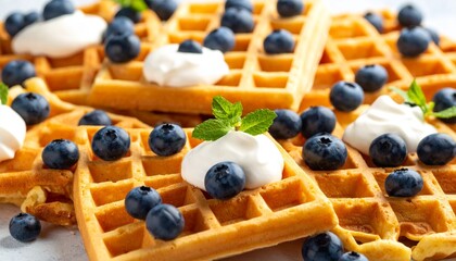 Golden waffles topped with fresh blueberries and fluffy whipped cream create a delicious, visually appealing breakfast or dessert, combining sweet, fruity flavors with crispy, golden textures