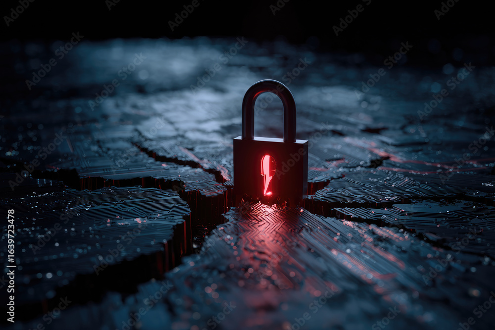 Poster cyber security destroyed concept.padlock red open on electric circuits network dark blue background.
