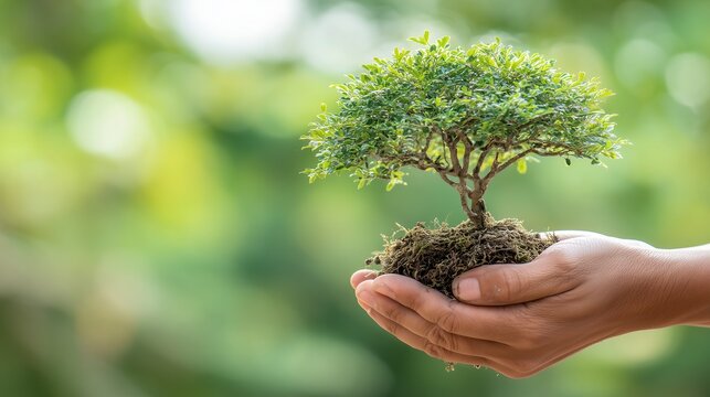 Hand holding small tree on green background, symbolizing growth and environmental protection for Earth Day, ESG investing, sustainability campaigns, and eco education.