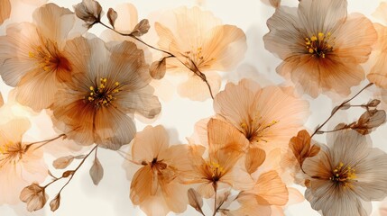 Delicate floral pattern showcases soft brown and beige blooms with a watercolor aesthetic, creating a serene and elegant backdrop.