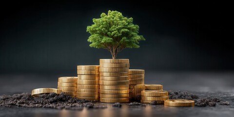 Tree Growing From Stacks of Coins in Soil Suggests Investment