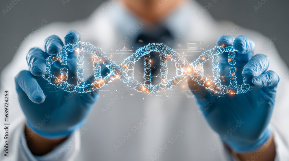 Poster scientist in lab coat and gloves presenting a holographic display of dna structure, symbolizing inno