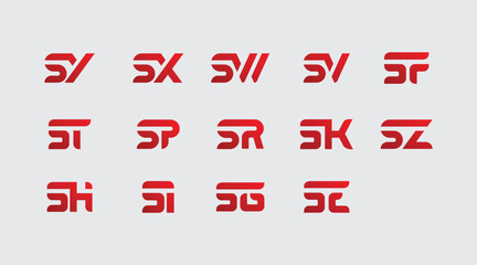 Set of modern minimalist red letter combination logos, featuring SY, SX, SV, SP, ST, SR, SK, SZ, SG, and SH, on a light grey background.