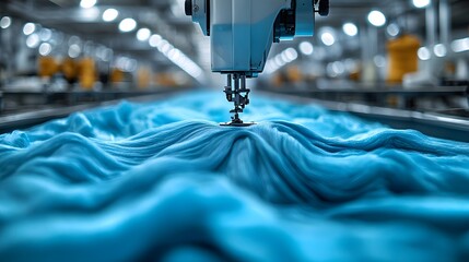 Close-up of skilled seamstress hands operating industrial sewing machine with light blue fabric, professional textile work on white background.