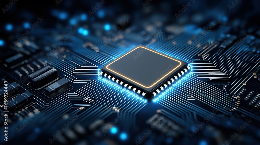 Poster computer chip microprocessor with glowing circuit board connections
