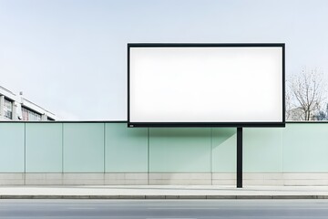 Blank billboard against a light mint-colored building.