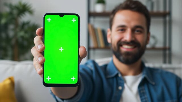 Man showing smartphone with chroma key screen for app promotion mobile device digital technology
