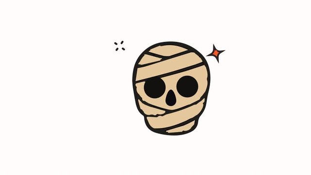 Animated skull wrap Cute cartoon mummy head with big black eyes and simple beige bandages, accented by small sparkles on a plain white background.
