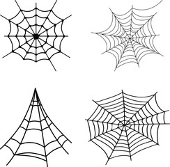 Collection of four hand drawn spider web illustrations on white background