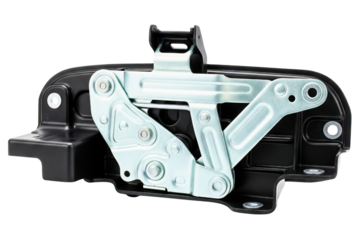 Mechanical car door lock assembly with steel levers isolated on a transparent background