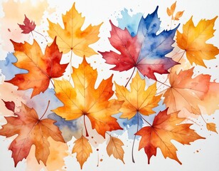 白背景にカラフルな紅葉のシームレスパターンの水彩イラスト