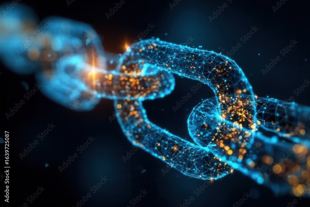 Poster digital blockchain links shown on a dark tech background