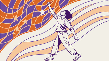 Empowered woman illustration with american flag for freedom and equality vector graphic design art