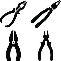 Set of four black silhouette pliers on a white background