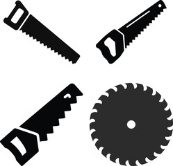 Collection of saw blades and hand saws for woodworking and construction