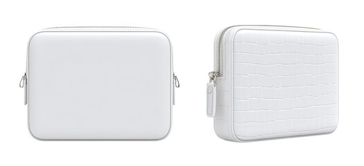 Two side views of a white, square zippered pouch