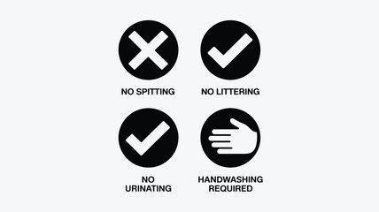 A sign with symbols indicating no spitting, no littering, no urinating, and handwashing required